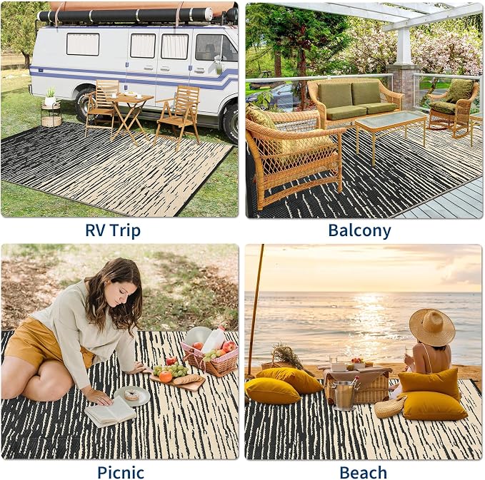 Garvee 6x9 RV Outdoor Rug Waterproof, Modern Striped Outdoor Plastic Straw Rug, Reversible UV Resistant Abstract Outside Rugs for Picnic Backyard Deck Balcony Porch Beach, Black Coffee