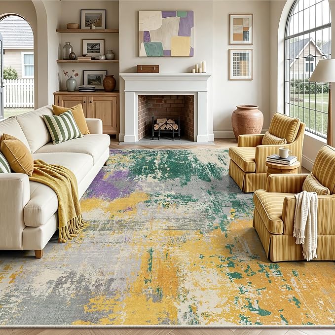 8x10 Rugs for Living Room - Modern Abstract Washable Rug, Ultra Soft Non Slip Low Pile Large Rugs, Floor Carpet for Bedroom Dining Room Office Laundry Nursery Home（Oil Painting Colors）
