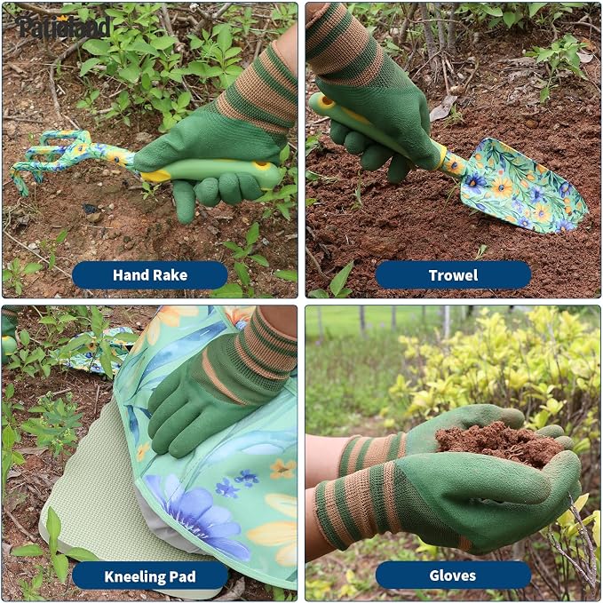 10-Piece Green Garden Tool Set, Patioland Floral Aluminum Gardening Hand Tools W/Ergonomic Handles, Kneeling Pad, Apron, Gloves, Organizer Tote Bag,Complete Garden Supplies Starter Kit Gift for Women