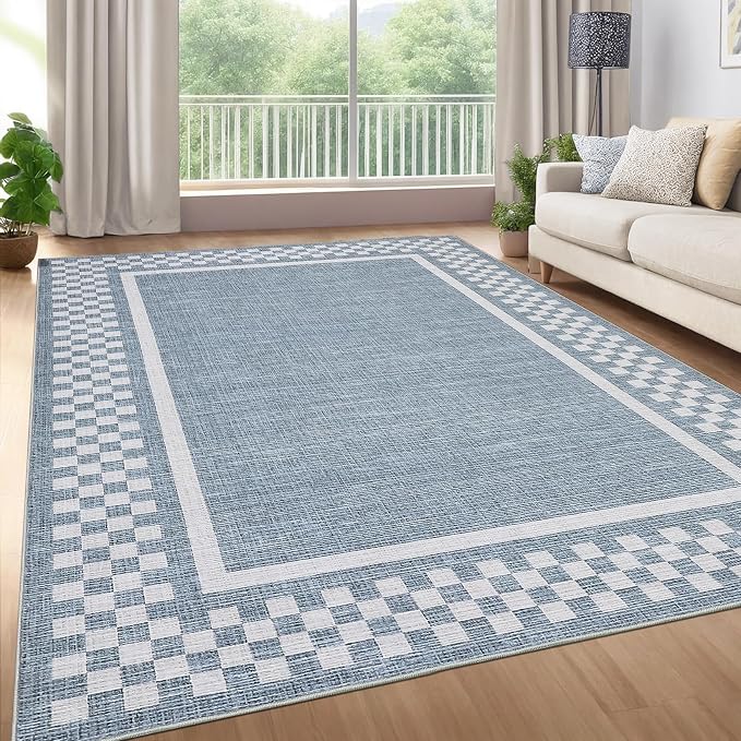 GarveeHome Washable Area Rugs 10x13 Non Slip Soft Large Living Room Rug | Modern Checkered Bedroom Rug Soft Geometric Bordered Throw Carpet for Dining Room Home Decor Office Nursery, Blue