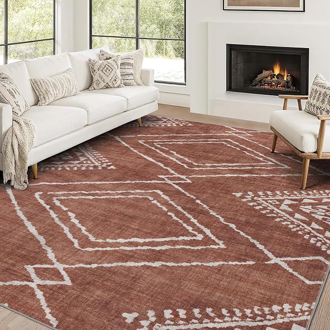 Machine Washable Area Rug Runner - Living Room Bedroom Bathroom Kitchen Entryway Office - Padded Low Pile Stain Resistant Premium - Moroccan Diamond Tribal - Jax - Orange 3' x 5'
