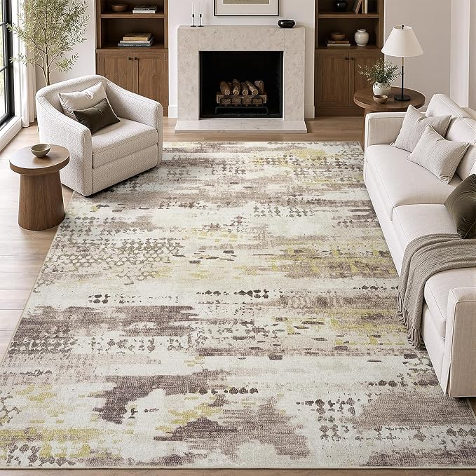 DCX Washable Abstract Area Rug 5x7, Non Slip Low Pile Rug, Brown | Easy to clean, non-shedding, soft, kid & pet friendly, with a non-slip rubber backing for living rooms, bedrooms, and offices