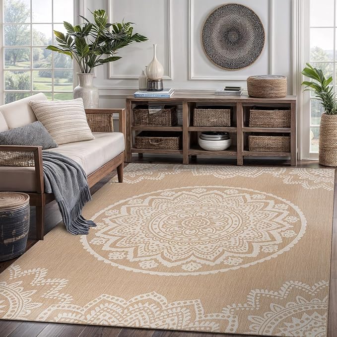 CAMILSON Outdoor Rug 8x10 Modern Area Rugs for Indoor and Outdoor Patios and Porches - Waterproof, Washable, Non-Shedding, Easy-to-Clean Outside Carpet (8 x 10, Medallion - Beige/White)
