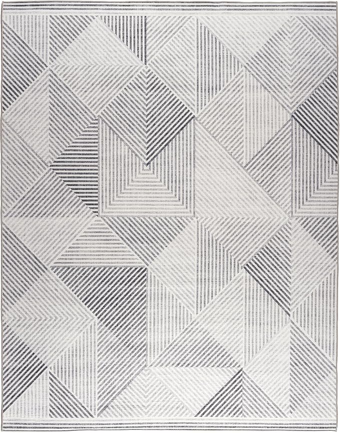 Machine Washable Area Rug - Living Room Bedroom Bathroom Kitchen Entryway Office - Padded Low Pile Stain Resistant Premium - Modern Geometric Contemporary - Miles - Gray 5' x 7'