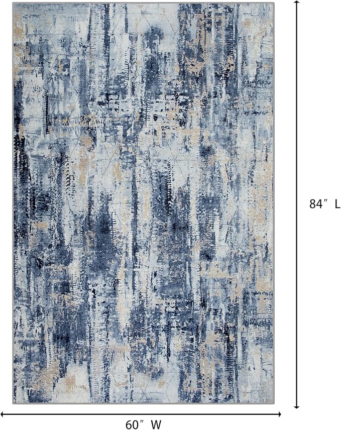 5x7 Area Rugs for Living Room: Washable Abstract Blue Gold Badroom Carpet | Non-slip TPE backing makes this washable soft low-pile rug safe & durable, Pet-friendly decor for dining room,nursery,office