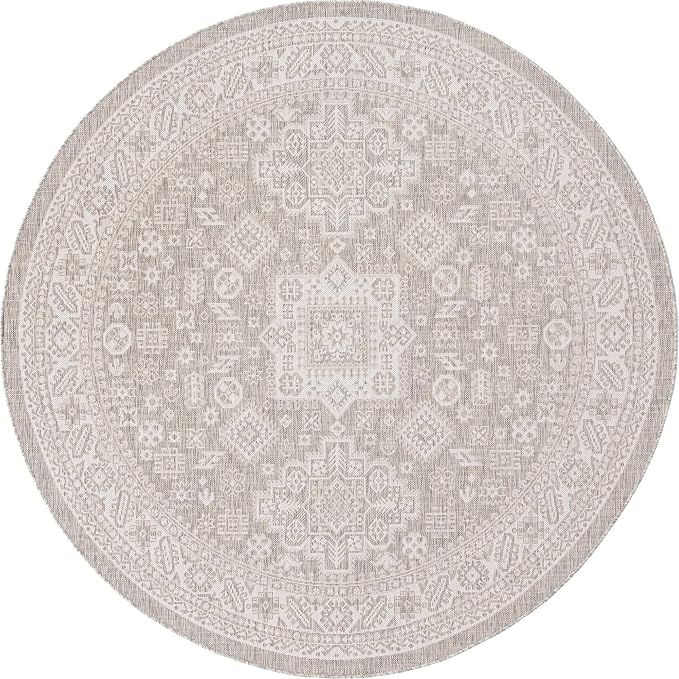 Unique Loom Outdoor Aztec Collection Area Rug - Chalca (7' 10" Round, Light Gray/ Ivory)