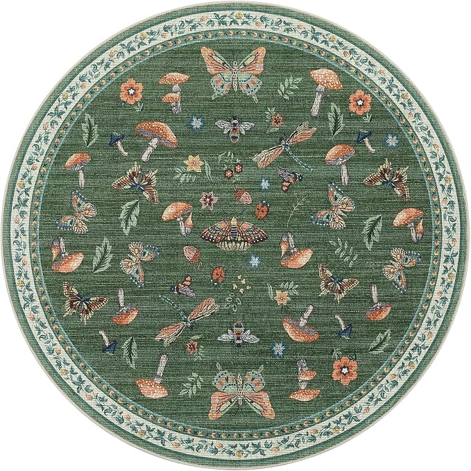 Mushroom Insect 3ft Round Rug Washable Non-Slip Soft Ultra-Thin Small Boho Circle Carpet for Entryway Kitchen Bedroom Nursery Dining Room Green