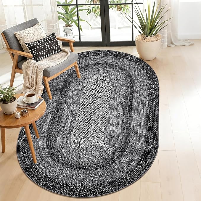 RUGSREAL 5x8 Oval Washable Rug Living Room Modern Border Bedroom Area Rugs | Non Slip Low Pile Dining Room Goemetric Oval Throw Carpet Contemporary Rugs for Living Room Kitchen Nursery, Black