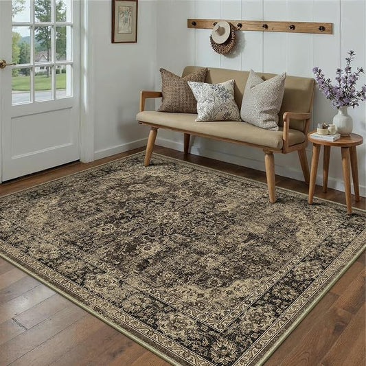 HUGEAR Retro Brown Area Rug 5x7 Machine Washable Living Room Rugs Distressed Vintage Floral Low Pile Carpet Bedroom Office Dining Room Laundry Room Non Slip Soft Lightweight