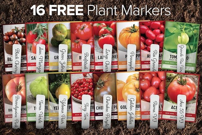 Gardeners Basics, Tomato Seeds for Planting 16 Variety Pack Heirloom Tomato Seeds, Tiny Tim, Cherry Tomato Seeds, Beefsteak Seeds, Roma Tomato Seeds, Determinate and Indeterminate and More, Non GMO