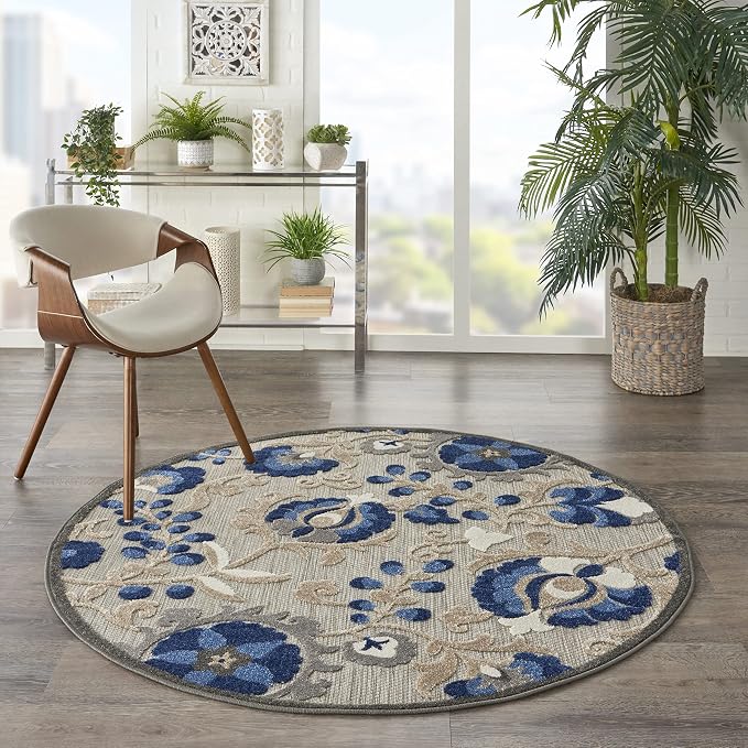 Nourison Home Aloha Natural Blue 5'3" x Round Area Rug - Easy Clean, Non Shedding, Bed Room, Living Room, Dining Room, Kitchen (5' x Round)