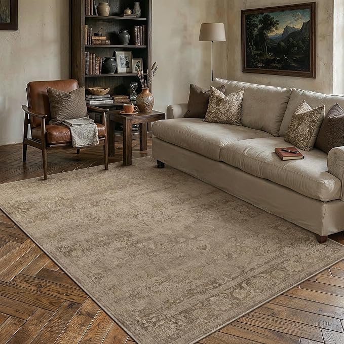 Brown 5x7 Washable Area Rug Bedroom Vintage Distressed Carpet | Soft Low Pile, Non Slip, Stain Resistant, Traditional Retro Decor for Dining Room, Living Room, Office, Kids Room