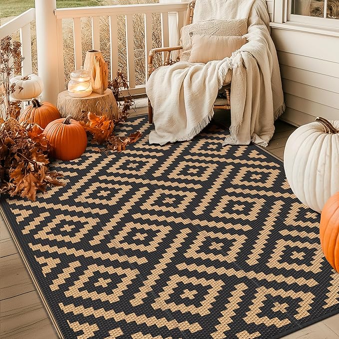 GENIMO Outdoor Rugs 8'x10' Waterproof, Reversible Mats, Area Plastic Straw Rug, Outside Carpet, Geometric Rv Mat for Patio Camping Rv Picnic Backyard Deck Balcony Porch Beach Trailer (Black & Brown)