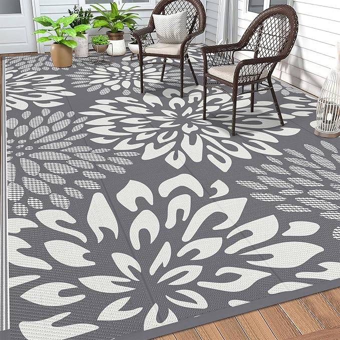 HEBE Waterproof Outdoor Rug 9x12 for Patios, Floral Reversible Plastic Straw Rug Patio Mat, Indoor Outdoor Carpet RV Mat Camping Rug for Deck, Camper, Porch, Balcony, Backyard, Picnic