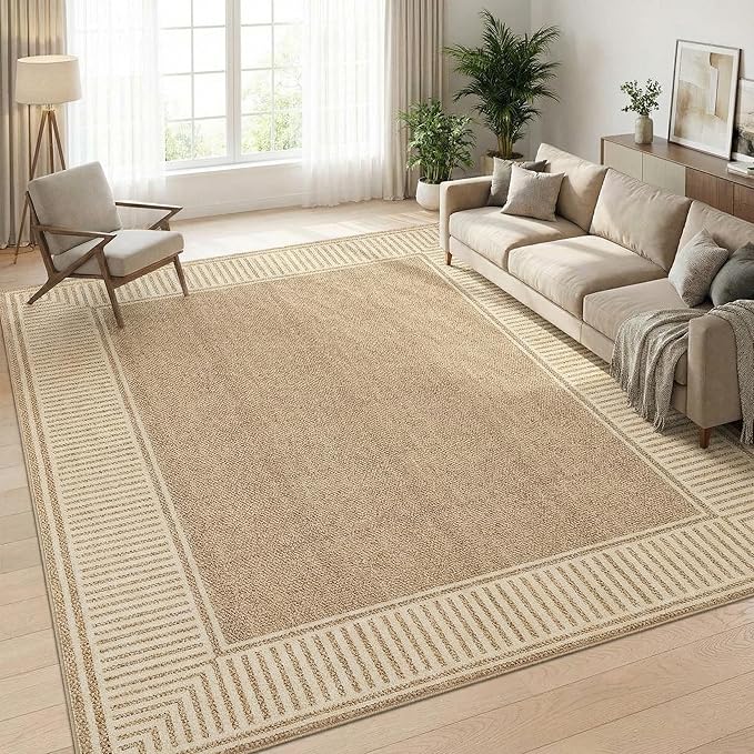 Garvee Large Washable Rug 9x12 Modern Bordered Living Room Rug Jute | Non Slip Soft Foldable Indoor Carpet Stain-Resistant Low Pile Floor Cover for Bedroom Nursery Office Dorm Kids Room Playroom