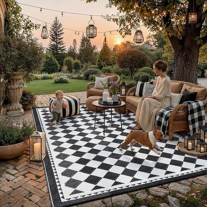 HUGEAR Outdoor Waterproof Rug 8'x10' Plastic Straw Rugs Washable Reversible Floor Mat Black/White Plaid Carpet for Camping RV Deck Entryance Porch Picnic Balcony Beach Backyard