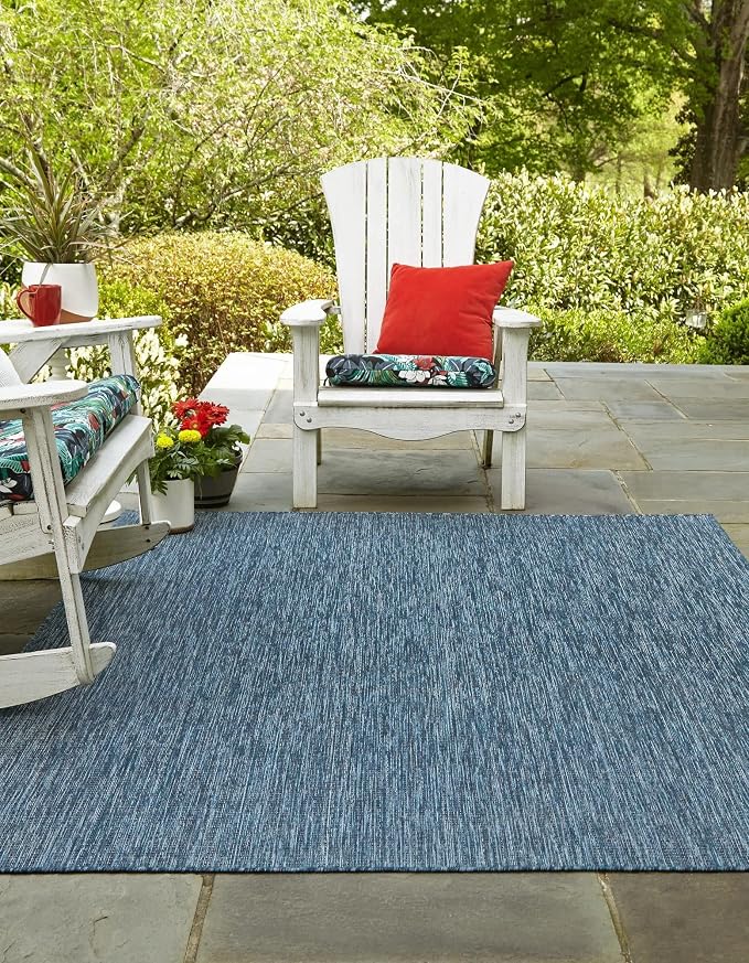 Unique Loom Collection Casual Transitional Solid Heathered Indoor/Outdoor Flatweave Area Rug (7' 10" Square, Blue/Navy Blue)