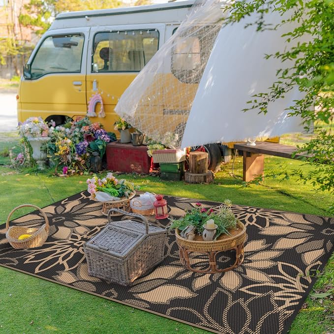 GENIMO Outdoor Rug Waterproof for Patio Decor, 5' x 8' Reversible Plastic Straw Floral Camping Carpet, Large Area Rugs Mats for RV, Camper, Deck, Balcony, Porch, Beach, Picnic, Black & Brown