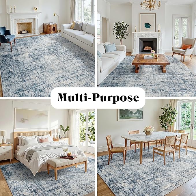9x12 Washable Area Rug for Living Room Bedroom: Non-Slip Modern Blue Gold | Machine Washable TPR Backing, Stain-Resistant Low Pile, Pet & Kid Friendly, Abstract Decor for Dining Room, Dorm, Home Office