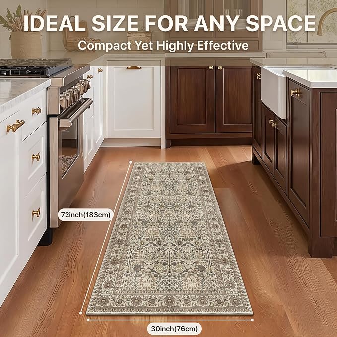 2'6" x 6' Kitchen Runner Rug, Washable Non Slip, Dark Espresso | Vintage Floral, Spill Resistant, Lightweight Low Pile Carpet for Hallway, Bedroom, Laundry Room and Bathroom