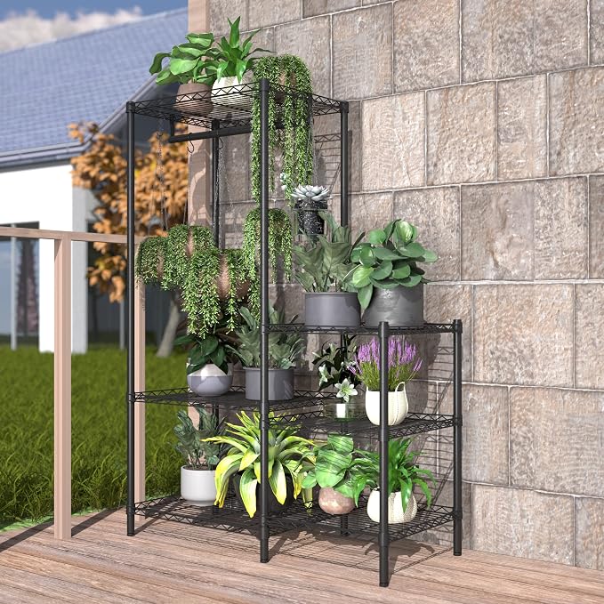 Xiofio 6-Tier Plant Stand for Indoor Outdoor,Metal Plant Shelf,Adjustable Plant Stand Suitable for Bedroom Living Room Balcony Garden,Black