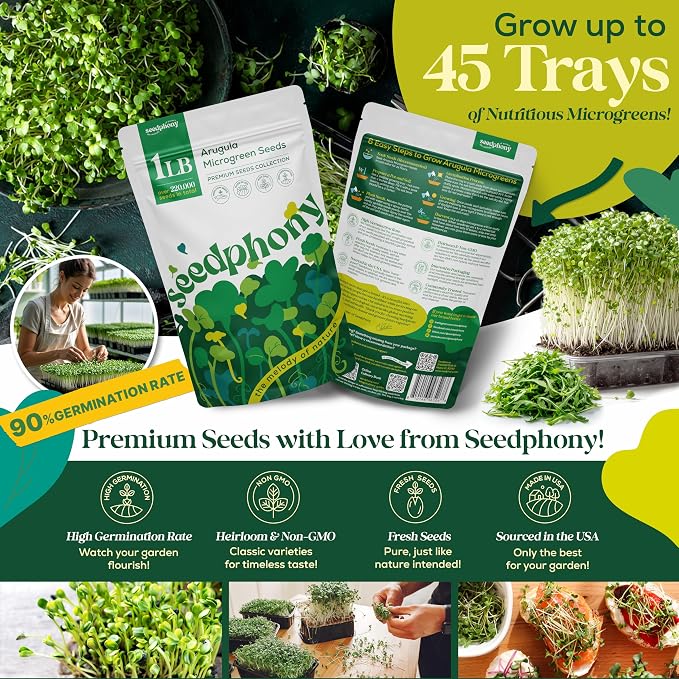 Seedphony Arugula Sprouting & Microgreens Seeds - 220,000 Non-GMO Heirloom Seed, 1lb Resealable Bag - High-Germination Arugula Seeds for Sprouting in Jars, Soil, Hydroponics & Microgreen Trays