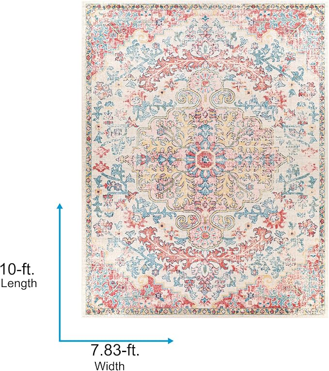 Livabliss Area Rugs - 8x10 Odelia Vintage Boho Red Off-White Blue Area Rug for Living Room Bedroom - Floral Medallion Stain Resistant Carpet for Kitchen, Nursery, Office (7'10" x 10')
