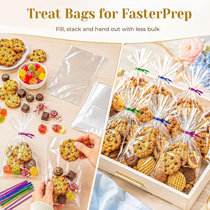 LOKQING Cellophane Bags Plastic Treat Bag Clear Cookie Candy Bags with Twist Ties for Party Favors Bag, Graduation Gift Bags(200 Pack, 5x7inch)