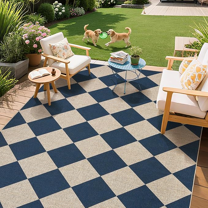 GarveeHome Checkered Easy Jute 5x7 Area Rugs for Living Room Machine Washable Non-Slip Backing Stain Resistant Modern Indoor Outdoor Rugs for Farmhouse Dining Room Patio Navy Blue