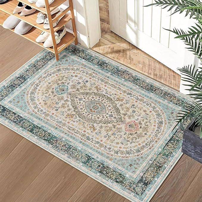 Small Rugs 2x3,Blue Rug for Entryway Bathroom Entrance Doormat | Boho Vintage Bohemian Distressed Washable Oriental Accent Floor Throw Carpet Non Slip,Floral