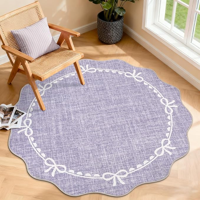 GarveeHome 4ft Round Rugs Washable Scalloped Bow Rug for Bedroom, Purple | Non Slip Soft Low Pile Ultra-Thin Stain Resistant Indoor Carpet for Living Room Nursery Girls Dorm Decor Kids Room Playroom