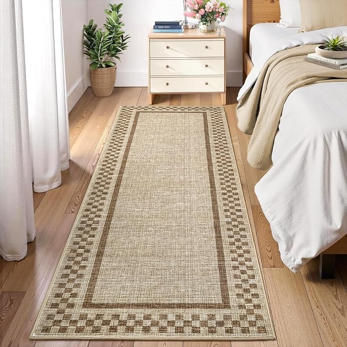 GarveeHome Washable Runner Rug 2x10 Modern Bordered Hallway Runner Rug | Non Slip Kitchen Throw Carpet Checkered Bathroom Entryway Low Pile Solid Area Rugs for Living Room Bedroom Nursery, Taupe