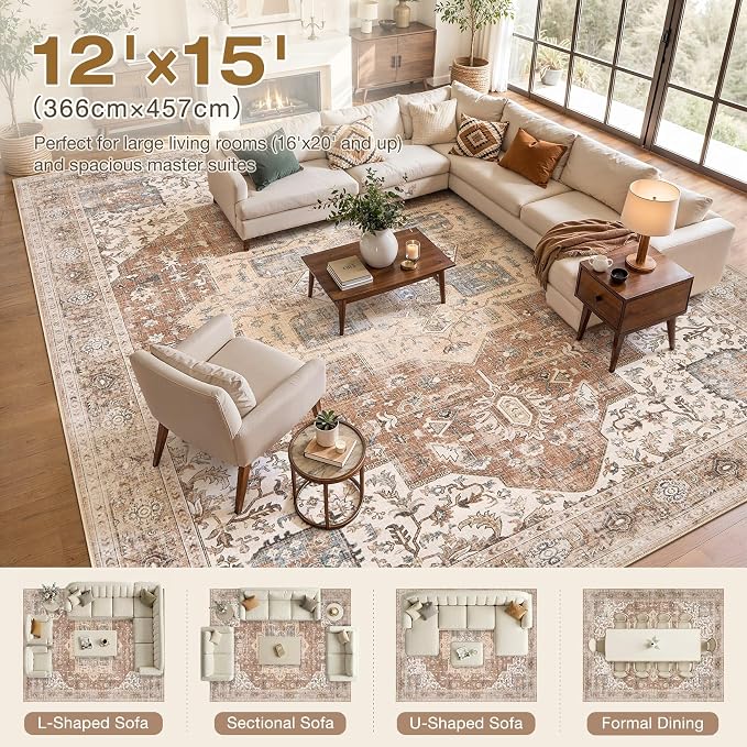 DTICON Vintage Washable 12x15 Area Rug Living Room Rugs, Brick Red | Boho Distressed, Pet & Kid Friendly, Non-Slip Backing, Soft Polyester, Low-pile Carpet for Living Room, Bedroom, Dining Room
