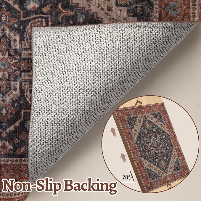 Tangsoo Vintage 4x6 Washable Area Rugs for Living Room, Indoor Non Slip Rug | Oriental Machine Washable Large Rug Carpet, Boho Soft Low Pile Foldable Indoor 4x6 Rug for Dining Room Bedroom Dorm Rust/Dark