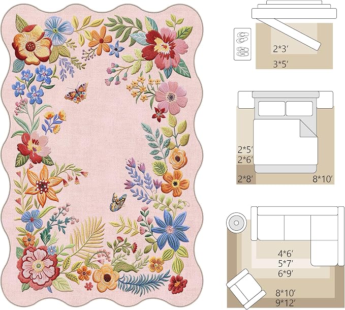 FMFUNCTEX 6x9 Washable Blush Pink Floral Scalloped Area Rug for Living Room | Vintage Flower Colorful Traditional Boho Distressed Soft Non Slip Low Pile Large Pattern Indoor Carpet Dining Bedroom Nursery