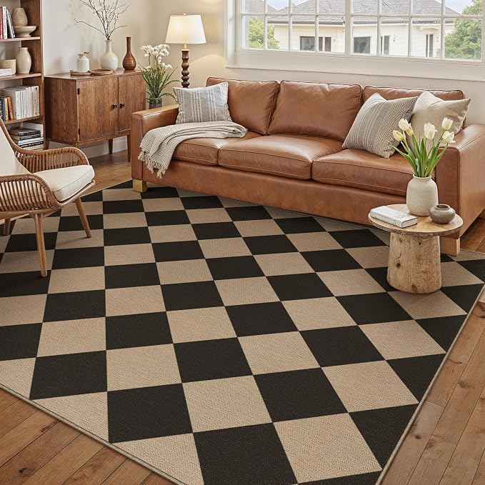 PureCozy 5x7 Checkered Easy Jute Area Rug for Living Room Checkerboard Washable Indoor Outdoor Carpet Farmhouse Patio Office Mat Geometric Non Slip Black Carpet for Backyard Dining Room