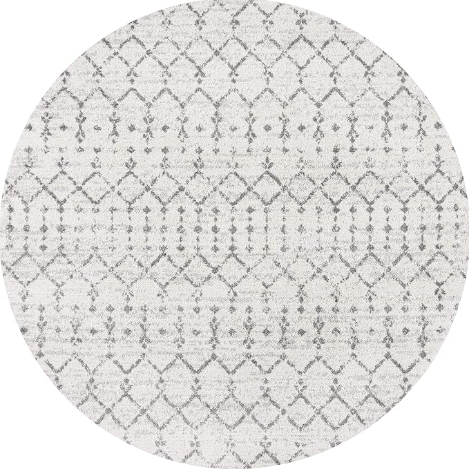 JONATHAN Y Boho Vintage Diamond Cream/Gray Round Area Rug 5 ft, Moroccan Hype for Living Room, Bedroom, Kitchen, Office, Easy-Cleaning, High Traffic, Pet-Friendly, Non-Shedding (MOH101B-5R)