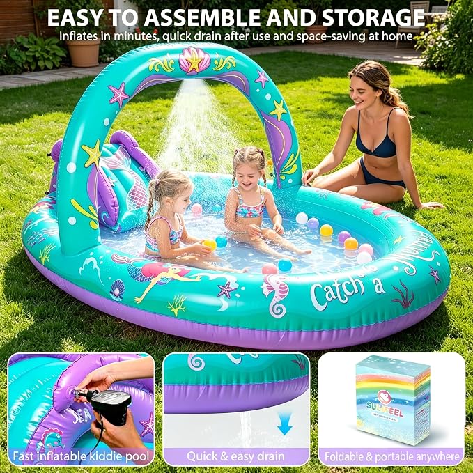 SULIFEEL 2026 Inflatable Mermaid Play Center Kiddie Pool with Slide and Sprinkler for Children, Summer Splashing Baby Pool for Backyard and Garden 96"x59"39"