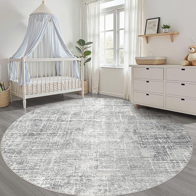 LOONGRUG Round Rug 10x10 Washable Neutral Modern Rug for Living Room Grey | Circle Large Abstract Soft Stain Resistant Indoor Non-Slip Carpet for Bedroom Nursery Kids Office Playroom Dining Room