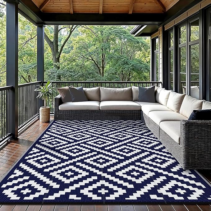 GENIMO Outdoor Rugs 8'x10' Waterproof, Reversible Mats, Area Plastic Straw Rug, Outside Carpet, Geometric Rv Mat for Patio Camping Picnic Backyard Deck Balcony Porch Beach Trailer