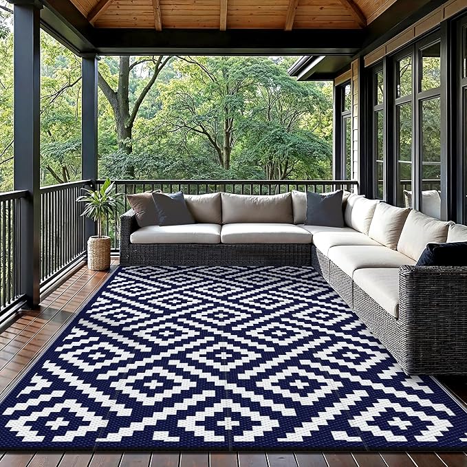 GENIMO 5'x8' Outdoor Rug Waterproof, Reversible Mats, Area Rug, Plastic Outside Carpet, Geometric Rv Mat for Patio Camping Picnic Backyard Deck Balcony Porch Beach Trailer (Navy Blue & White)