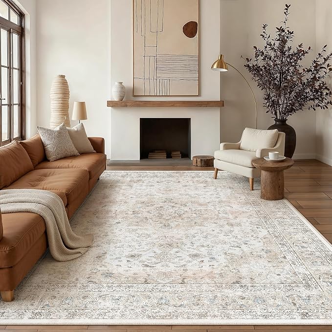 10x12 Washable Area Rug Beige Grey Non Slip Vintage Carpet | Low Pile, Stain Resistant, Living Room, Kitchen, Bedroom, Nursery, Office, Dining Room, Soft, Large, Lightweight