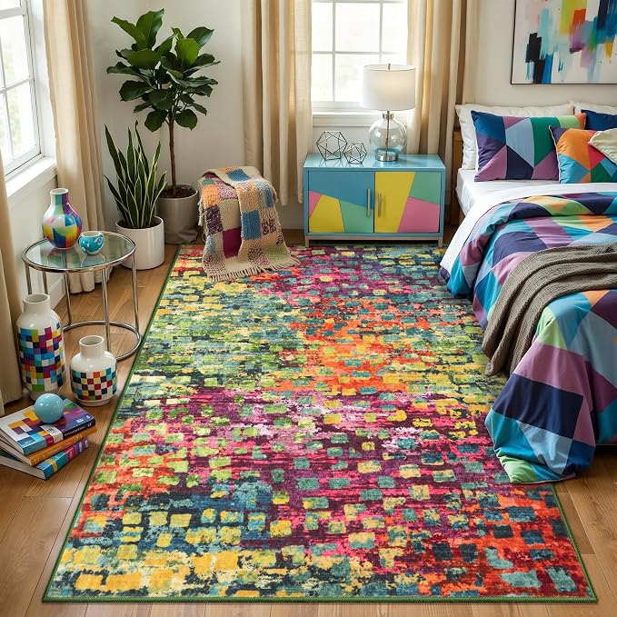 Tangsoo Colorful Abstract 3x5 Washable Area Rug,Modern Non Slip Accent Rugs | Fun Contemporary Print Indoor Carpet, Funky Soft Low Pile Foldable Rugs for Living Room Bedroom Bedside Entryway Home Decor