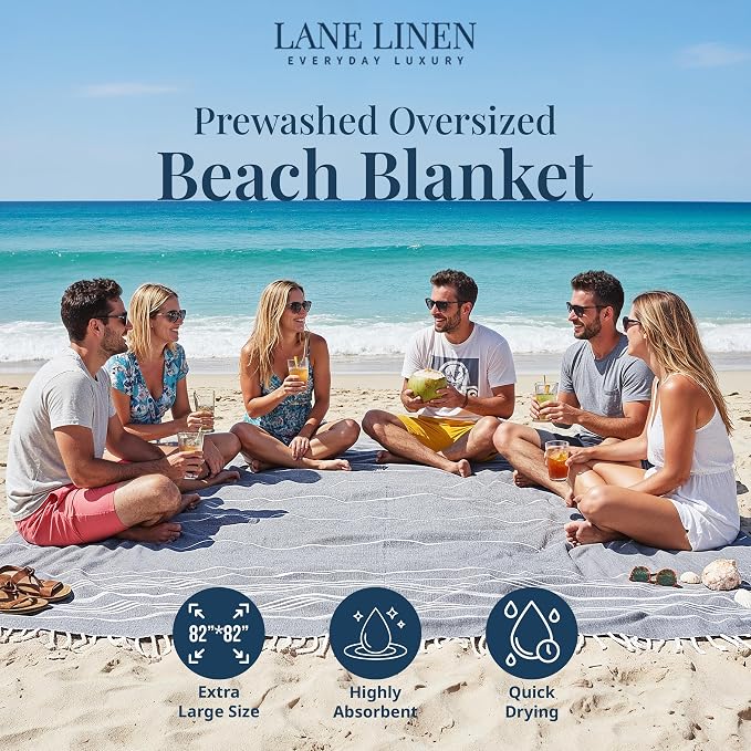 LANE LINEN Beach Blanket – Sand-Free, Extra-Large Picnic Mat, Quick-Dry, Pre-Washed Design (82"x82"), Beach Essentials for Family Picnics and Poolside Relaxation, Machine Washable – Smoky Black