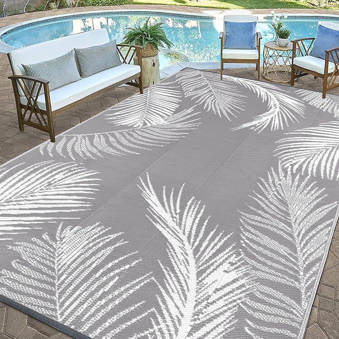 Pauwer Waterproof Outdoor Rug 9x12, Reversible Plastic Straw Patio Camping Rug, Indoor Outdoor RV Mat Carpet for Deck, Camper, Porch, Balcony, Backyard, Picnic, Leaf Grey
