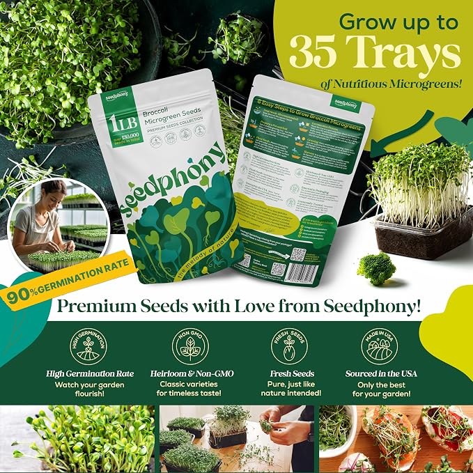Seedphony Broccoli Sprouting & Microgreens Seeds - 130,000 Non-GMO Heirloom Seed, 1lb Resealable Bag - High-Germination Broccoli Seeds for Sprouting in Jars, Soil, Hydroponics & Microgreen Trays