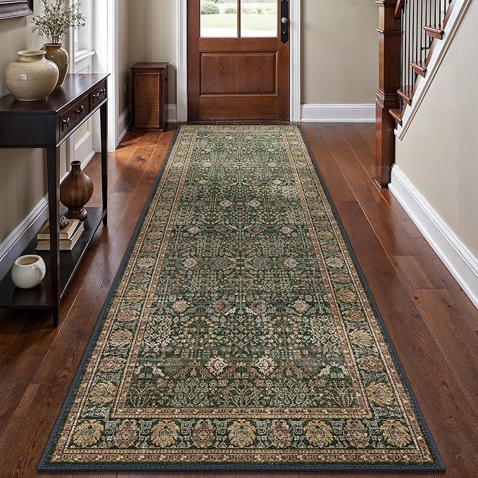 2'6" x 10' Kitchen Runner Rug, Washable Non Slip, Dark Green Brown | Vintage Floral, Spill Resistant, Lightweight Low Pile Carpet for Hallway, Bedroom, Laundry Room and Bathroom