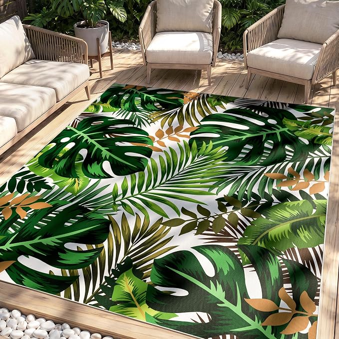 Arenarug 9x12 Monstera Tropical Outdoor Rug – Waterproof Non-Slip Machine Washable Patio Rug, UV & Stain Resistant Outdoor Carpet for Patio Deck Balcony Backyard, Green