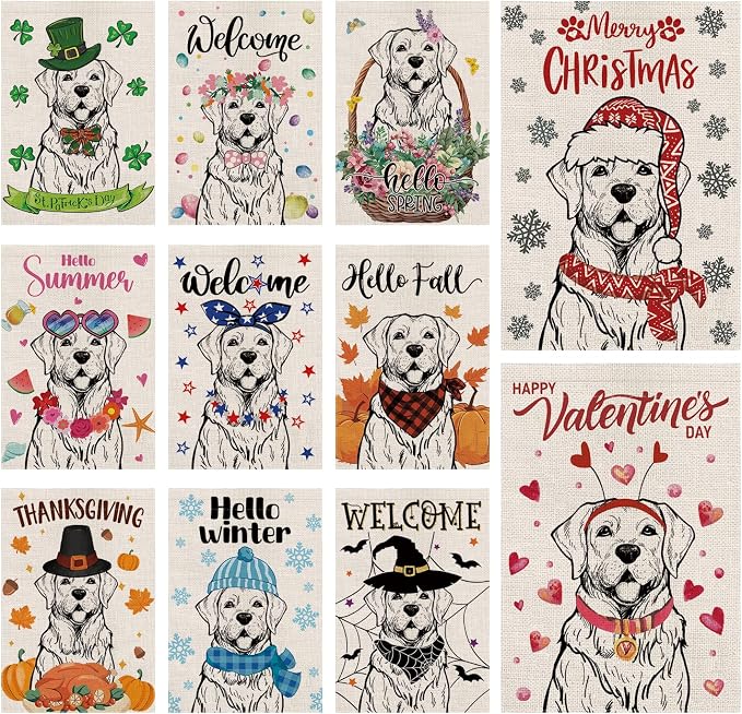 Seasonal Garden Flags Labrador Retriever Dog Flags Double Sided Flags Set of 11 Holiday Farmhouse Indoor Outdoor Yard Lawn Christmas Gifts Decorations 12.5x18 Inch