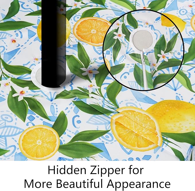 Outdoor Tablecloth with Umbrella Hole and Zipper, Rectangle Patio Table Covers for Spring/Summer, Machine Washable Outdoor Picnic Table Cloth (Lemon, 60" × 84" Rectangular)